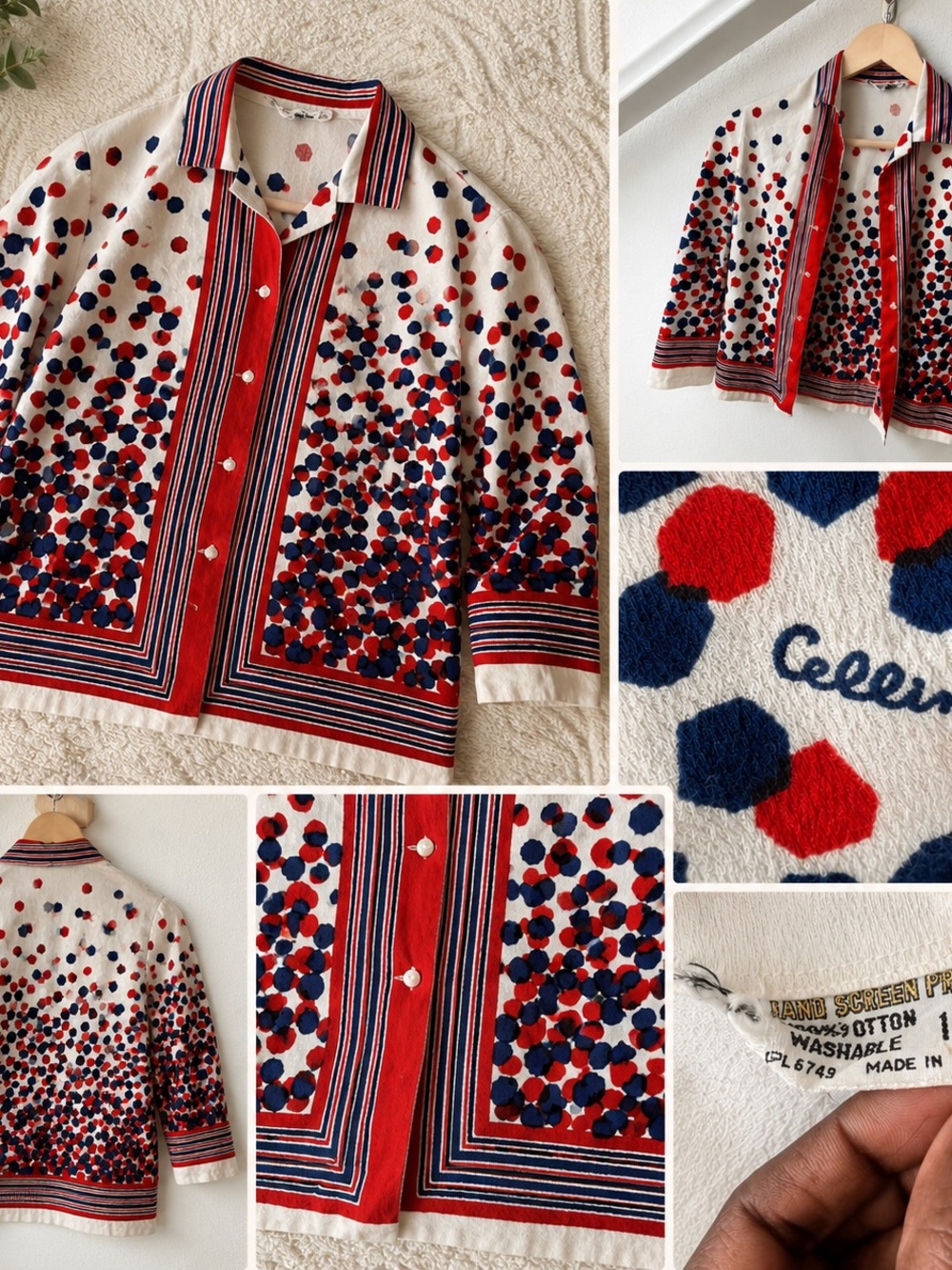 Vintage Cellini Japan Abstract Geometric Print red white blue cotton Top 10.